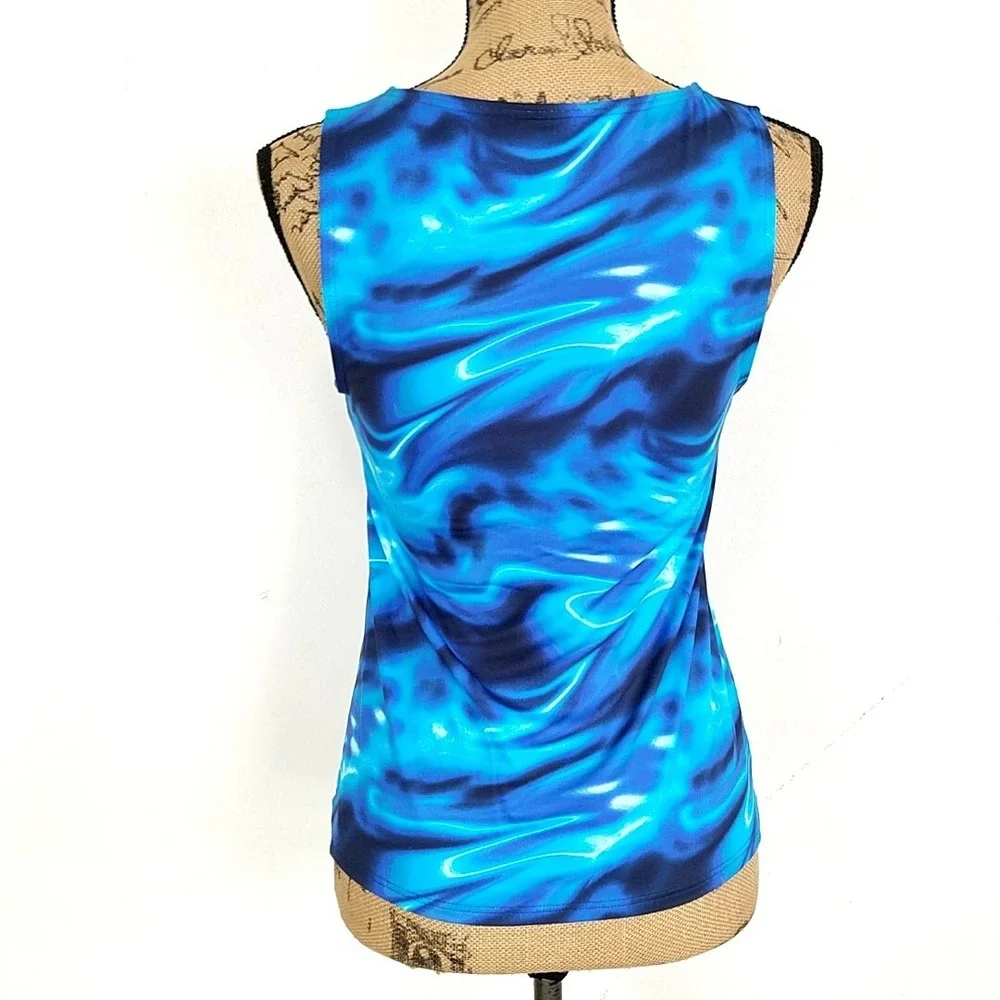 Lands End Swim Tank Top Womens 4 Blue Marble Lycra Xtra Life Sleeveless Sporty